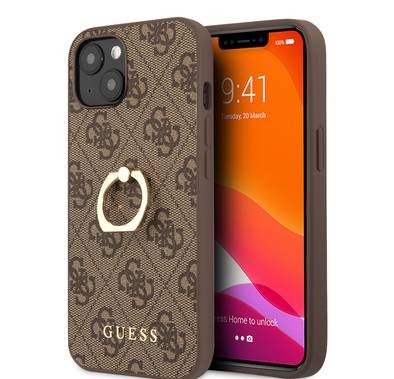 CG MOBILE Guess PU Leather 4G Case with 360° Rotating Ring Grip Holder Stand Compatible for iPhone 13 (6.1") Suitable with Wireless Charging Officially Licensed - Brown