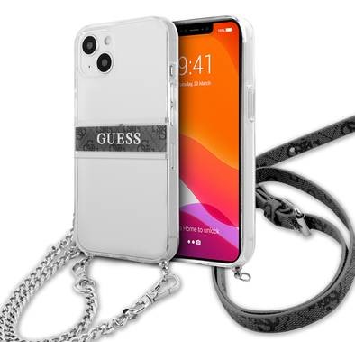 CG MOBILE Guess PC/TPU Transparent Case 4G Stripe with Anti-Lost Crossbody Chain Compatible for iPhone 13 Pro Max (6.7") Anti-Scratch, Easy Access to All Ports, Shock Absorption, Protective Back Cover Suitable with Wireless Charging Officially Licensed