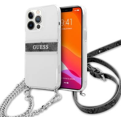 CG MOBILE Guess PC/TPU Transparent Case 4G Stripe with Anti-Lost Crossbody Chain Compatible for iPhone 13 Pro (6.1") Anti-Scratch, Easy Access to All Ports