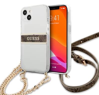 CG MOBILE Guess PC/TPU Transparent Case 4G Stripe with Anti-Lost Crossbody Chain Compatible for iPhone 13 Pro Max (6.7") Anti-Scratch, Easy Access to All Ports, Shock Absorption, Protective Back Cover Suitable with Wireless Charging Officially Licensed