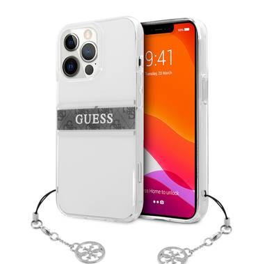 CG MOBILE Guess PC/TPU Transparent Case 4G Stripe with Elegant Charm Compatible for iPhone 13 Pro Max (6.7") Anti-Scratch, Easy Access to All Ports, Shock Absorption & Drop Protective Back Cover Suitable with Wireless Charging Officially Licensed