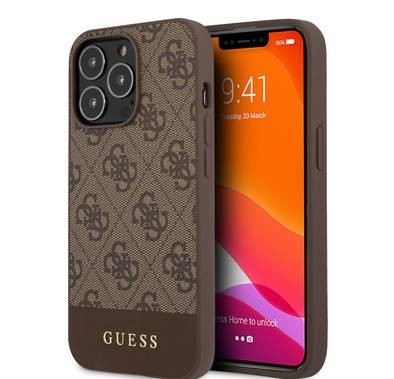 CG MOBILE Guess PC/TPU 4G PU Case with Bottom Stripe Metal Logo Compatible for iPhone 13 Pro (6.1") Anti-Scratch, Easy Access to All Ports, Shock Absorption