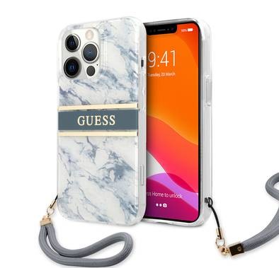 CG MOBILE Guess PC/TPU Case Marble Design & Stripe with Anti-Lost Nylon Strap for iPhone 13 Pro (6.1") Back Cover Suitable with Wireless Chargers Officially Licensed Blue