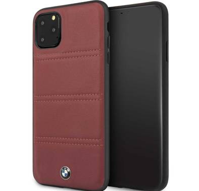 BMW Hard Case Leather Horizontal Lines Compatible w/ iPhone 11 Pro Max, Complete Protection, Easy Access to All Ports,Raised Edge to Protect Camera - Burgundy