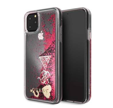 CG MOBILE Guess Glitter Hard Case Hearts Compatible w/ iPhone 11 Pro, Chic & Bold Case, PC/TPU Hard Case, Protection from Scratches & Abrasions, Officially Licensed - Raspberry