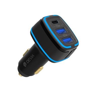 Devia Extreme Speed Dual USB+TYPE-C Full Compatible Fast Car Charger 85W, Soft LED Indicator, 3 Ports All Quick Charge, USB1 & USB2 & Type-C, 12V-24V Wide Voltage Input - Black