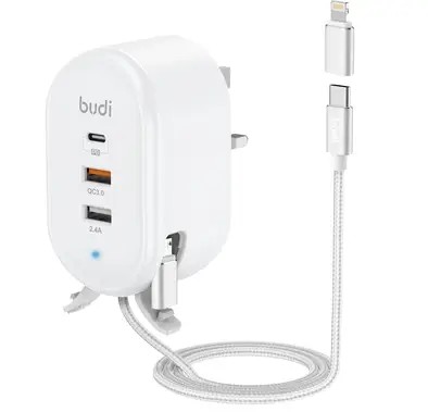 Budi Home Charger With USB-C Cable / Lightning & Micro Adapter - White