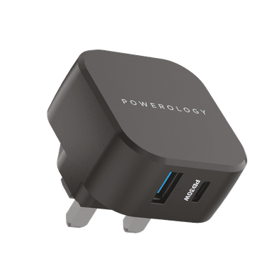 Powerology Dual Port Ultra-Compact Quick Wall Charger USB-A 18W + PD 30W - Black