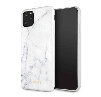 CG MOBILE Guess Marble Collection PC/TPU Tempered Glass Phone Case Compatible with iPhone 11 Pro (5.8") Minimalist Marble Design Mobile Case Officially Licensed - White