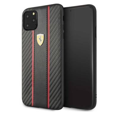 CG MOBILE Ferrari Carbon PU Leather Hard Phone Case Compatible for iPhone 11 Pro Max (6.5") Drop Protection Mobile Case Officially Licensed - Black