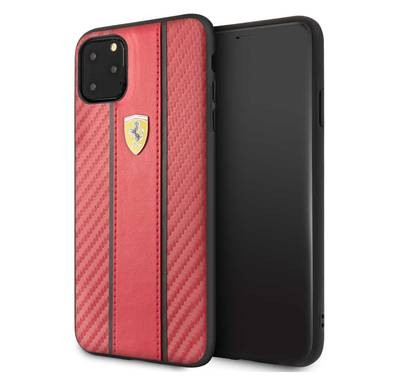 CG MOBILE Ferrari Carbon PU Leather Hard Phone Case Compatible for iPhone 11 Pro Max (6.5") Drop Protection Mobile Case Officially Licensed - Red