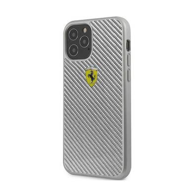 CG MOBILE Ferrari On Track Carbon Metal Logo Hard Phone Case Compatible for iPhone 12 / 12 Pro (6.1") Mobile Case Officially Licensed - Silver