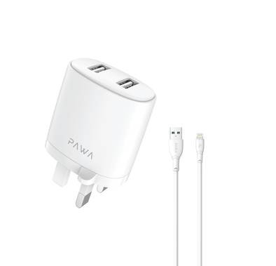 Pawa Solid Travel Charger Dual USB Port 2.4A With Lightning Cable-White