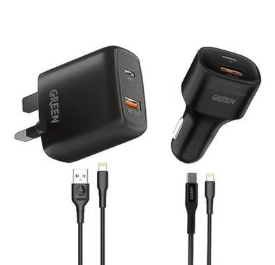 Green Lion 4 in 1 Combo Car Charger & Wall  Charger  with  Multi-Port Fast Charging - Black