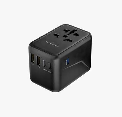 محول السفر العالمي متعدد المنافذ Powerology 65W PD مع مخرج USB-C ثلاثي - رمادي