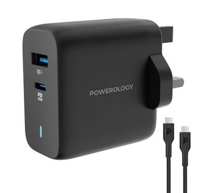 Powerology 63W Ultra-Quick GaN Charger 45W PD & USB-A Quick  Charge 18W QC3.0 With 60W Type-C To Type-C Cable - Black