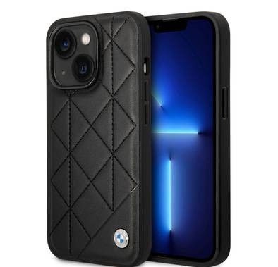 BMW Signature Collection Genuine Leather Case with Hot Stamp Lines, iPhone 14 Plus Compatibility - Black