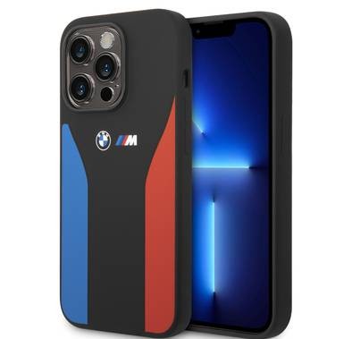 BMW M Collection Liquid Silicone Case with Tricolor Print & Logo Lightweight iPhone 14 Pro Compatibility - Black