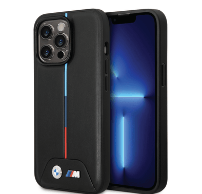 BMW M Collection Quilted PU Case with Hot Stamped Tricolor Stripe and Printed Logo iPhone 14 Pro Max Compatibility - Black