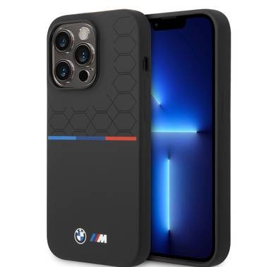 BMW M Collection Liquid Silicone Case Printed UV Varnish Pattern Tricolor Line & Logo iPhone 14 Pro Max Compatibility - Black