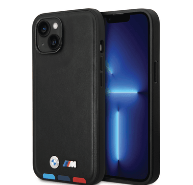 BMW M Collection PU Leather Case with Hot Stamped Tricolor Parts and Printed Logo iPhone 14 Plus Compatibility - Black