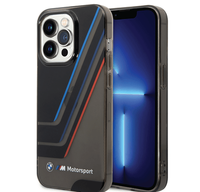 BMW Motorsport Collection PC/TPU IML Printed Tricolor Stripes, Translucent Zones Phone 14 Pro Max Compatibility - Black