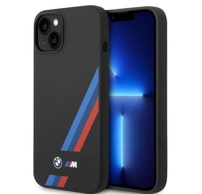 BMW M Collection Liquid Silicone Case with Slanted Tricolor Stripes PU iPhone 14 Plus Compatibility - Black