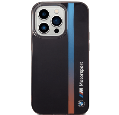 BMW Motorsport Collection PC/TPU IML Case with Printed Tricolor Fading Stripe iPhone 14 Pro Compatibility - Black