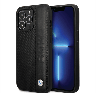 BMW Signature Collection Genuine Leather Case with Textured & Big Logo Stripe iPhone 14 Pro Compatibility - Black