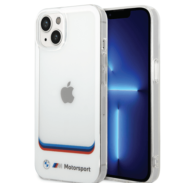 BMW Motorsport Collection PC/TPU IML Case Big Square Transparent and Printed Bottom Logo iPhone 14 Plus Compatibility - White