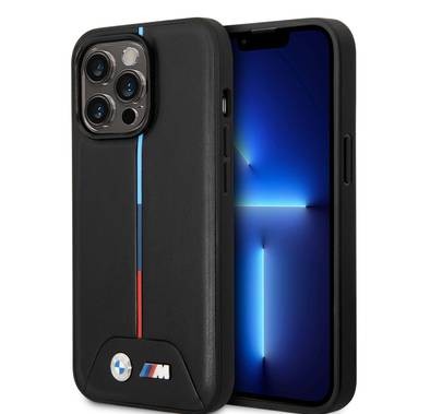 BMW M Collection Magsafe Compatibility Quilted PU Case with Hot Stamped Tricolor Stripe iPhone 14 Pro Compatibility - Black