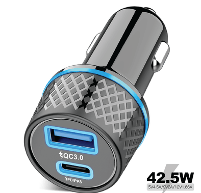 Porodo 45.5W Dual Output Super-Fast Car Charger With  Type-C To Lightning Cable - Black