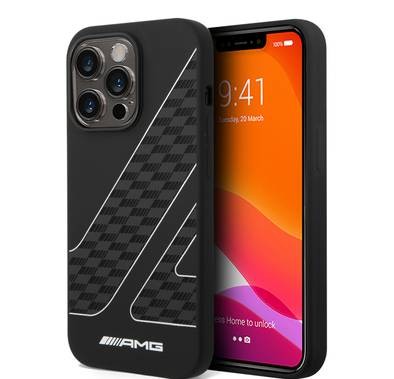 Amg Liquid Silicone Case Checkered Flag Pattern - iPhone 14 Pro Max - Black / White