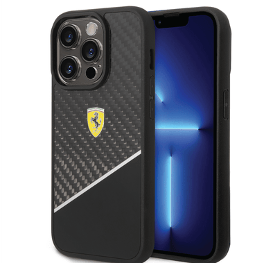 Ferrari Bi-material Carbon Fiber Case and Polycarbonate & Silver Stripe iPhone 14 Pro Compatibility - Black