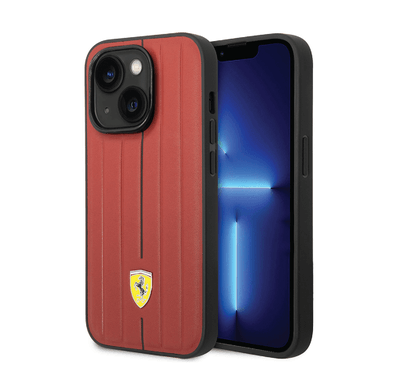 Ferrari Leather Case With Embossed Stripes & Yellow Shield Logo - iPhone 14 Plus - Red