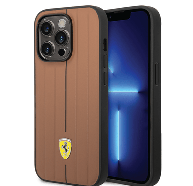 Ferrari Leather Case With Embossed Stripes & Yellow Shield Logo - iPhone 14 Pro - Camel