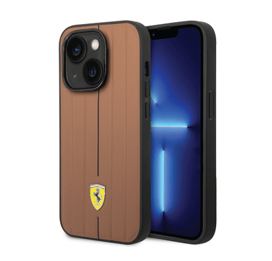 Ferrari Leather Case With Embossed Stripes & Yellow Shield Logo - iPhone 14 Plus - Camel