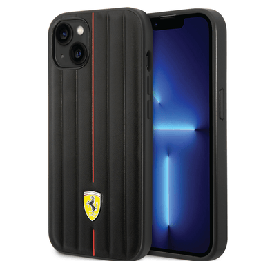 Ferrari Leather Case With Embossed Stripes & Yellow Shield Logo - iPhone 14 Plus - Black