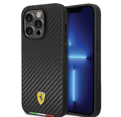 Ferrari HC PU Carbon Effect Case with Italian Flag Line iPhone 14 Pro Compatibility - Black