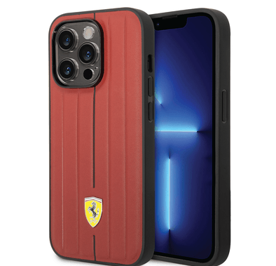 Ferrari Leather Case With Embossed Stripes & Yellow Shield Logo - iPhone 14 Pro - Red