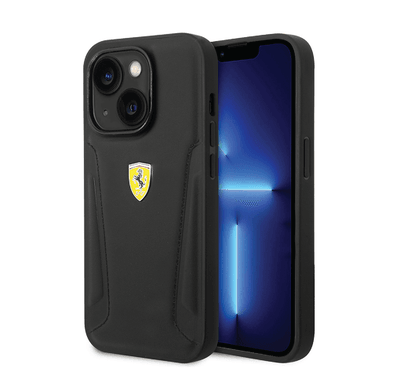 Ferrari Leather Case With Hot Stamped Sides & Yellow Shield Logo - iPhone 14 - Black