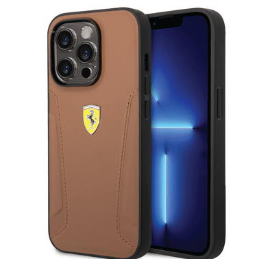 Ferrari Leather Case With Hot Stamped Sides & Yellow Shield Logo - iPhone 14 Pro Max - Camel