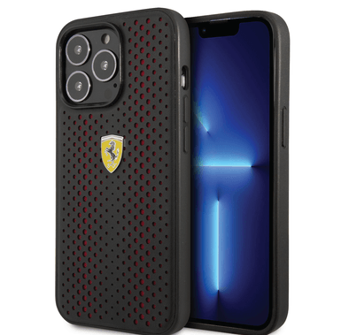 Ferrari PU Leather Perforated Case with Nylon Base & Yellow Shield Logo iPhone 14 Pro Max Compatibility - Red