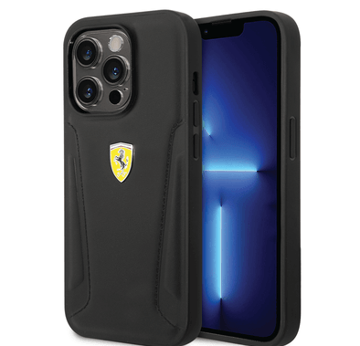 Ferrari Leather Case With Hot Stamped Sides & Yellow Shield Logo - iPhone 14 Pro - Black