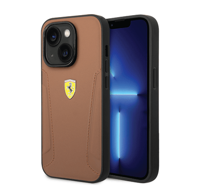 Ferrari Leather Case With Hot Stamped Sides & Yellow Shield Logo - iPhone 14 - Camel