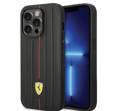 Ferrari Leather Case With Embossed Stripes & Yellow Shield Logo - iPhone 14 Pro - Black