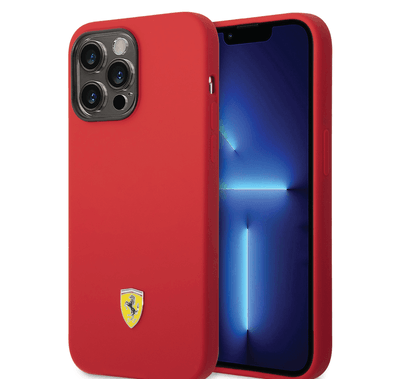 Ferrari Liquid Silicone Case with Black Camera Outline & Metal Logo iPhone 14 Pro Max Compatibility - Red