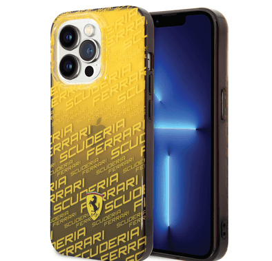 Ferrari Gradient PC/TPU Case with Allover Scuderia & Dyed Bumper iPhone 14 Pro Max Compatibility - Yellow