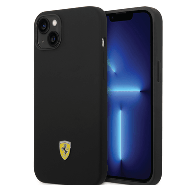 Ferrari Liquid Silicone Case with Black Camera Outline & Metal Logo iPhone 14 Plus Compatibility - Black