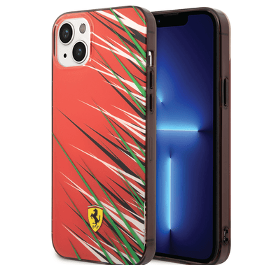 Ferrari PC/TPU Case with Double Layer Grass Print iPhone 14 Plus Compatibility - Red